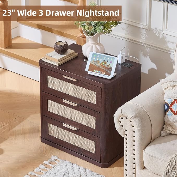 LEYAOYAO Rattan Night Stand with Charger Station, 23" Large 3 Drawer Boho Nightstand, Walnut Bedside Table Storage Cabinet, Bed Side End Tables for Bedroom, Living Room, Hallway - Image 7