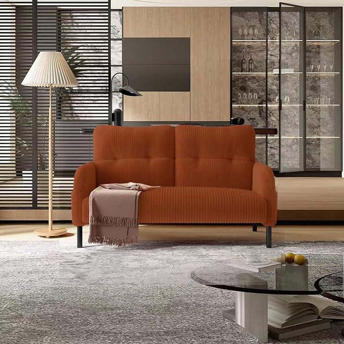 KEIKI 47" Corduroy Loveseat Sofa with Double Side Pockets & High Resilience Cushion, Modern Style Ergonomic Design Upholstery Oversized 2-Seater Couch, Easy Assembly, for Living Room, Orange