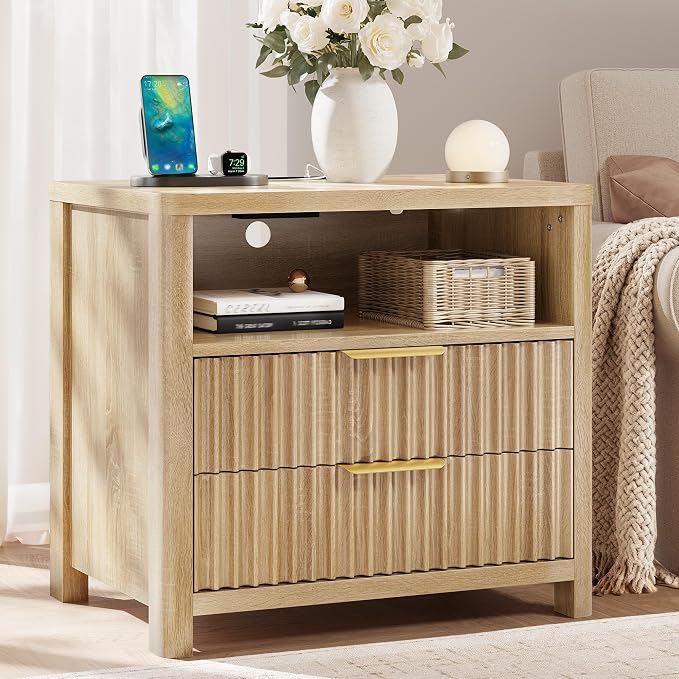 CypBed 23.8" Wide Fluted Nightstand with Charging Station, 24'' Tall Modern Wood Night Stand with 2 Drawers, Bedside Table with Curved Profile Design, End Table for Bedroom, Natural Oak, 1 Pcs - Image 3