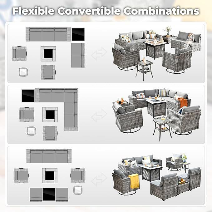 ovios 10 Pieces Patio Furniture Set, Outdoor Wicker Sectional Sofa with 30" Fire Pit Table Swivel Chairs, Modern Modular Deep Seat Rattan Couch Conversation Sets, Dark Grey