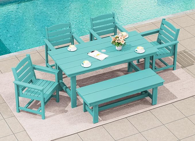 SERWALL Outdoor Dining Set for 6, HDPE Dining Furniture Set with Umbrella Hole Cut-Out Table and 1 Dining Bench and 4 Chairs, All Weather Outdoor Dining Bench Sets, Aruba - Image 8