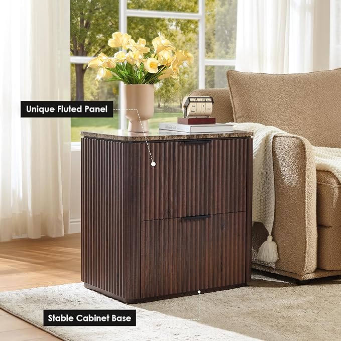 Fluted Nightstand Set of 2, 23" W Night Stand with 2 Drawers, Wood Bed Side Table with Faux Marble-Top, Curved Corner, Metal Handle, Modern Bedside Table for Bedroom, Living Room, Office, Dark Oak - Image 4