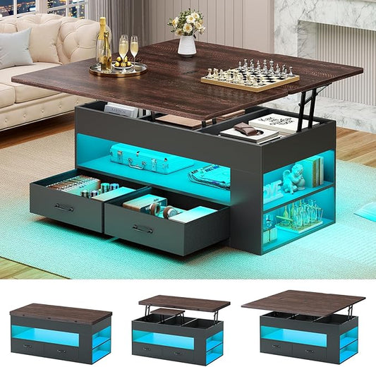 Itaar Lift Top Coffee Table, 4 in 1 Coffee Tables with Storage and Hidden Compartment, Farmhouse Coffee Table with 2 Fabric Drawers & LED Light for Living Room, Black