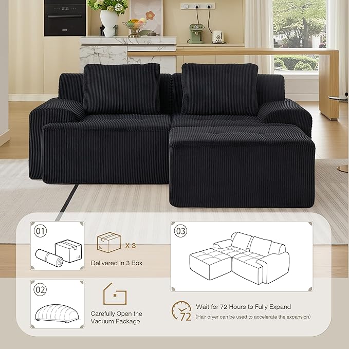 Modular Sectional Sofa, Boneless Couches for Living Room, Corduroy Couch, Big Comfy Couch, Modular Cloud Sofa with Deep Seat (Black, 3 Pieces-L Shape)