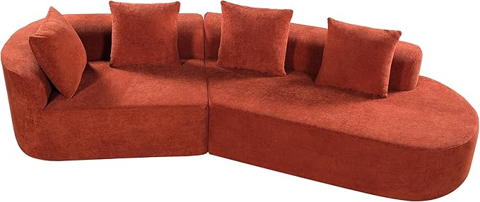 Merax 2-Piece 116" L-Shaped Modular Sectional Sofa Set, 4 Seat Fully Assembled Curved Upholstery Couch with High-Density Compressed Sponge, Chaise Lounge & 4 Pillows for Living Room, Orange
