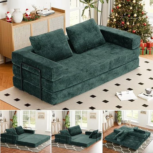 Convertible Sofa Bed, 4-in-1 DIY Combination Boneless Sleeper Sofa Bed with Pillows, Comfy Modular Couch with Fixed-Shape Frame, Chenille Convertible Lounge Couch for Living Room, Green