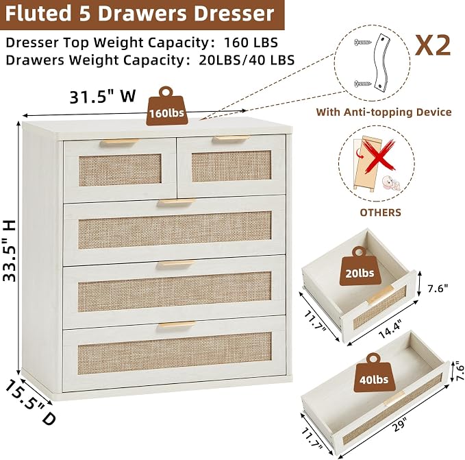 LEYAOYAO White Dresser for Bedroom, 33.5" Tall Chest of Drawers, Modern 5 Drawers Boho Rattan Dressers with Storage, Dresser Wooden Closet Organizer for Living Room, Hallway - Image 3