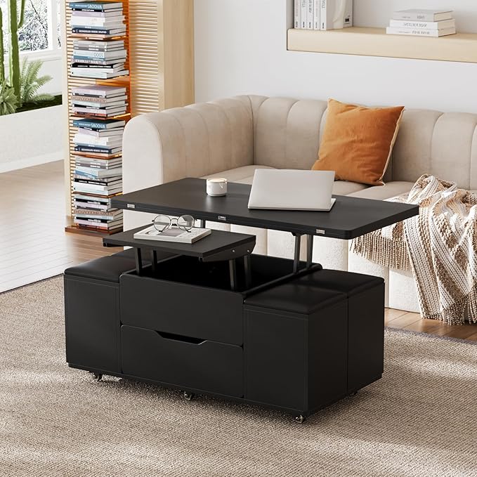 homary Coffee Table with Stools, Black 3-in-1 Modern Lift-Top Folding Center Table with Hidden Storage, Casters, and Lockable Wheels ¨C Convertible Dining & Office Table for Living Room