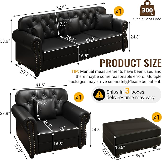 KEIKI 2-Piece Chesterfield Sofa Set with 1 Faux Leather 3-Seater Sofa & 1 Single Sofa, Upholstered 4-Seater Couch Set with Nailhead Trim & Rolled Arms & 1 Ottoman & 4 Pillow, for Living Room, Black