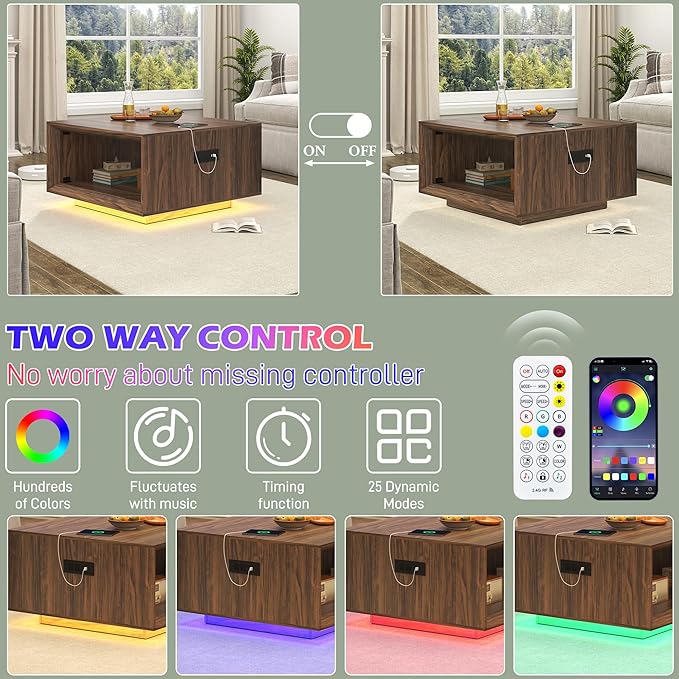 32" Mid Century Modern Coffee Table for Living Room, Square Center Table with LED Light & Power Outlet, Cocktail Table with Storage, 2-Tier Minimalist, Deep Beveled Edge, Wood Thick Design, Walnut