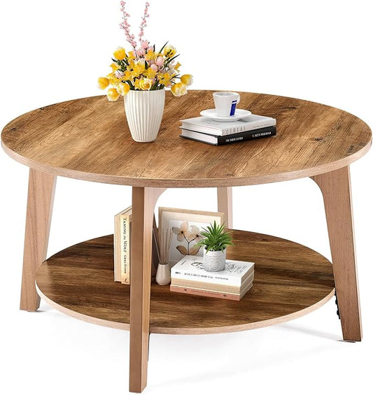 OLIXIS Round Coffee Table, 31.5'' Wood Coffee Tables for Living Room with Storage, 2-Tier Center Circle Counter with Wooded Desktop, 50 lbs Capacity, Anti-Slip Feet, Modern Farmhouse Design, Brown