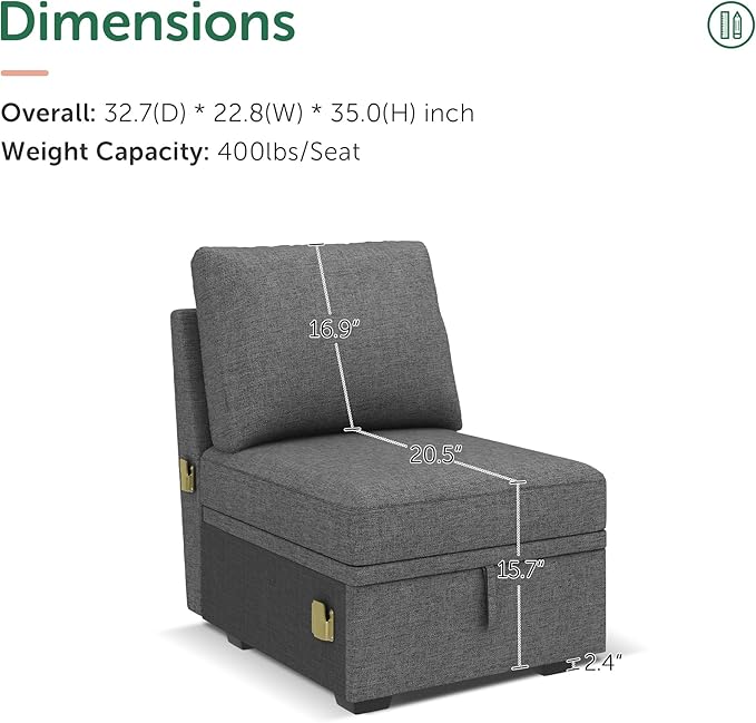 HONBAY Single Seat for Modular Sectional Sleeper Sofa with Pull Out Bed, Customizable Armless Chair for Sectional Couch, Dark Grey