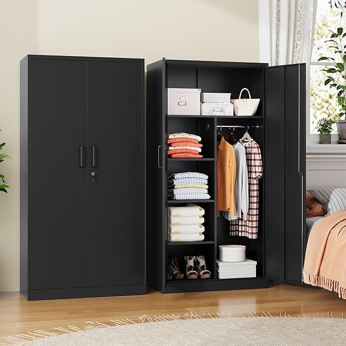 Metal Armoire Wardrobe Closet,72" Metal Storage Cabinet with Lock, 18" D x 36" W Broom Closet with Adjustable Shelves and Hanging Rods, Steel Wardrobe for Home,Bedroom,Office,Employee