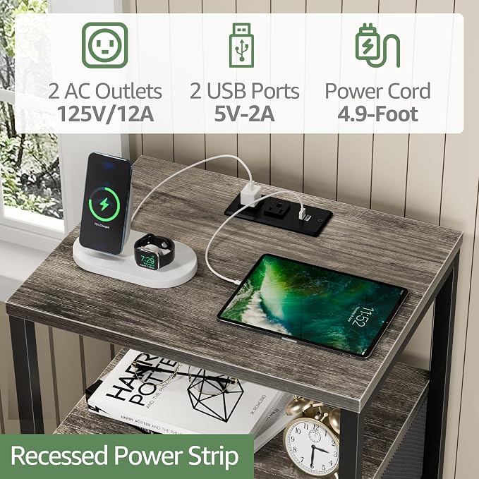 BOLUO Gray Nightstand with Charging Station, LED Night Stand with 2 Fabric Drawers, Bedside Table with USB Ports and Outlets, Nightstand for Bedroom Modern - Image 4