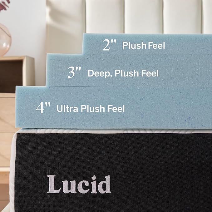 Lucid 3 Inch Memory Foam Mattress Topper, California King Size – Cooling Gel Bed Topper – Preassure-Relieving Deep Plush Feel – Ventilated Breathable Design – CertiPur Certified - Dorm Essentials