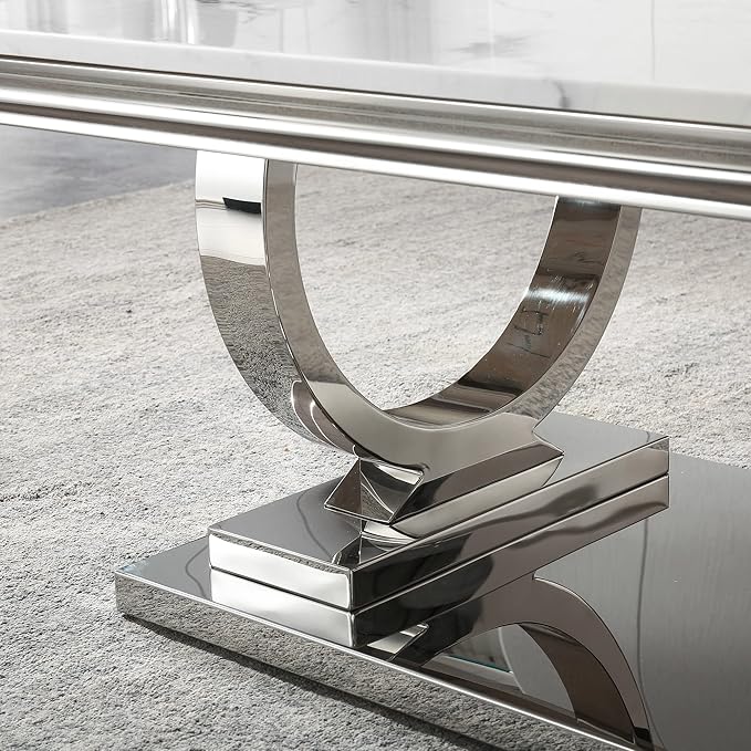 Modern Marble Coffee Table, Rectangular White and Silver with U-Shape Stainless Steel Base with Silver Mirrored Finish for Living Room, Simple Assembly (Silver3)