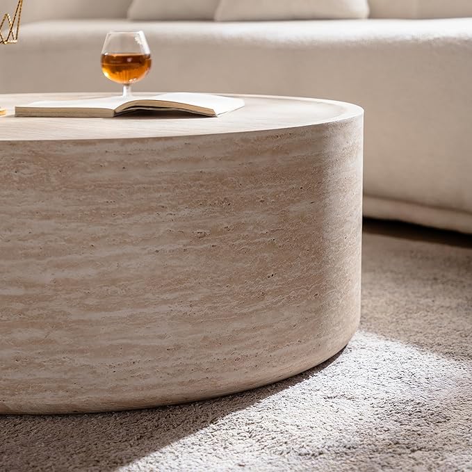 Round Coffee Table in Faux Marble, 31.5" W × 12" H Stone Coffee Tables for Living Room, Modern Drum Center MDF Vintage Design Low, Office, Apartment No Assembly Required Beige Mars