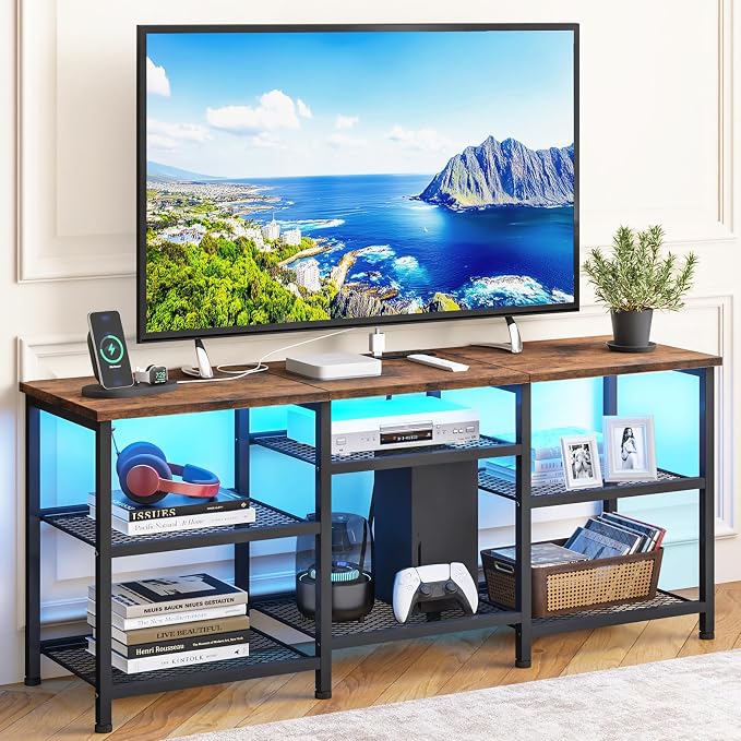 YGEOMER TV Stand for Living Room TVs Up to 55 Inches, Entertainment Center with Power Outlet and LED Lights Open Storage Shelves, TV Console for Bedroom, Rustic Brown by YGEOMER