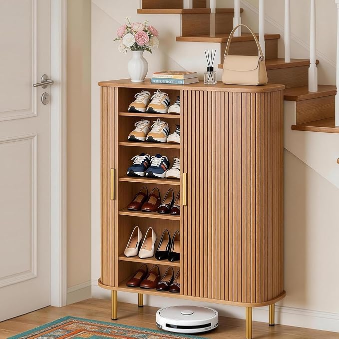 Shoe Cabinet Storage for Entryway: 6-Tier Shoe Cabinet with Adjustable Shelves & Sliding Doors, Mid-Century Modern Freestanding Shoe Storage Organizer for Entryway, Hallway, Living Room - Image 6