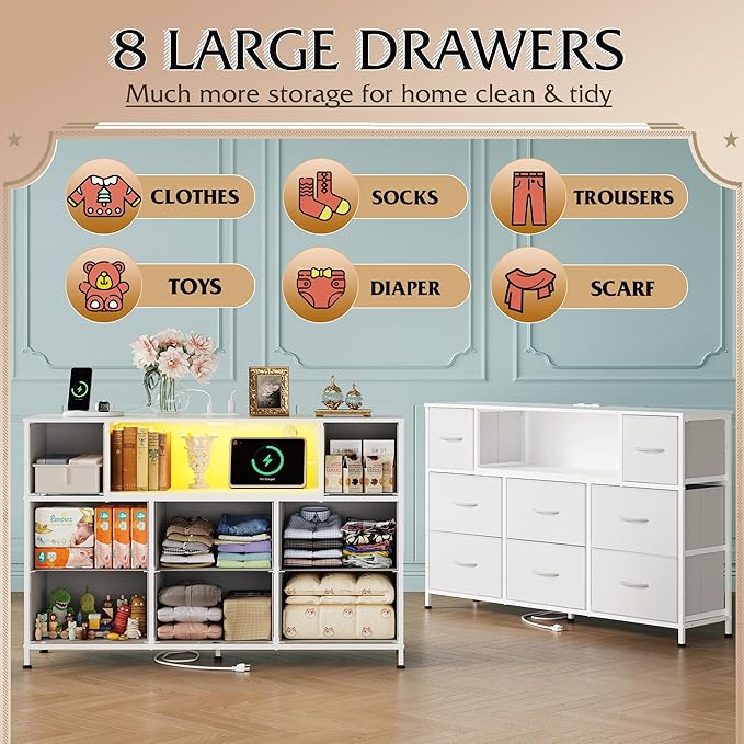 WLIVE White Dresser TV Stand for 45, 50, 55 inch TV, Entertainment Center with LED Lights & Charging Station, Chest of Drawers with 8 Fabric Drawers and Open Shelves for Living Room, Hallway, Wood Top - Image 4