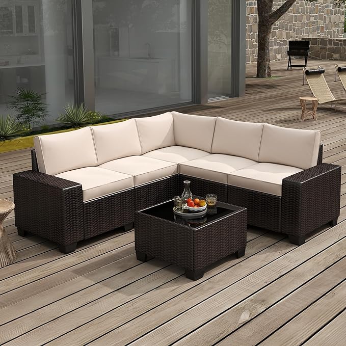 6 Pieces Patio Furniture Set, Outdoor Sectional Set of 6 w/Wide Armrest, Waterproof Wicker Conversation Set for Backyard, Deck, Beige