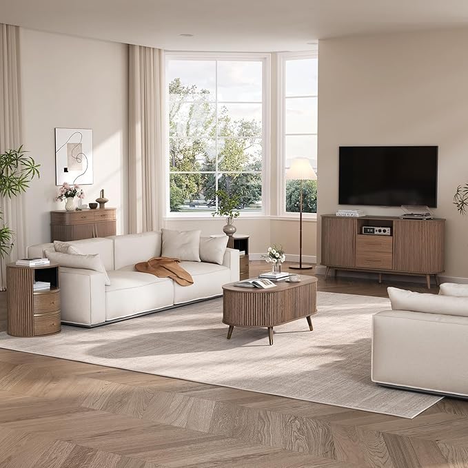 Oval Coffee Table with Storage, 42.5” Fluted Coffee Table with Lifting Top & Solid Wood Legs, Modern Lift Up Center Table for Living Room, Home Office, Walnut