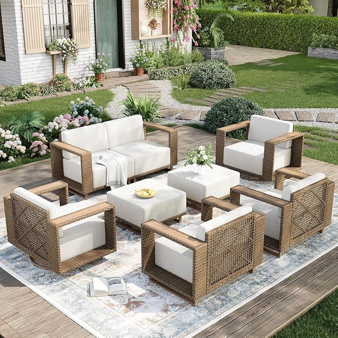 Patio Furniture Set with Swivel Chairs, 7 Piece Outdoor Wicker Sofa Patio Couch Set, Yellow Rattan Deep Seating Conversation Sets with 10" Thick Cushions for Deck Lawn Garden