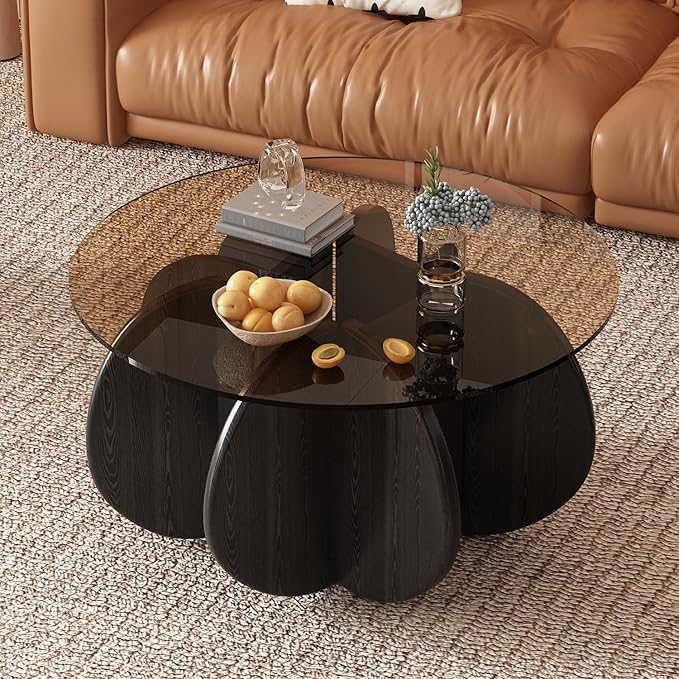 31.5'' Round Coffee Table with Tempered Glass Top, Mid-Century Modern Cocktail Table with Sturdy Wood-Inspired Base, Small Space Living Room Center Table, Easy Assembly (Black + Brown)
