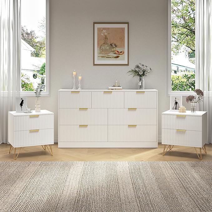 7 Drawer Dresser and Nightstand Sets, 3 Pcs Bedroom Set for Bedroom, Fluted Night Stand Set of 2 & 55" Wide Dresser w/Gold Handles, Modern Wood Chest of Drawers Storage Cabinet Set, White