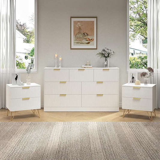 7 Drawer Dresser and Nightstand Sets, 3 Pcs Bedroom Set for Bedroom, Fluted Night Stand Set of 2 & 55" Wide Dresser w/Gold Handles, Modern Wood Chest of Drawers Storage Cabinet Set, White