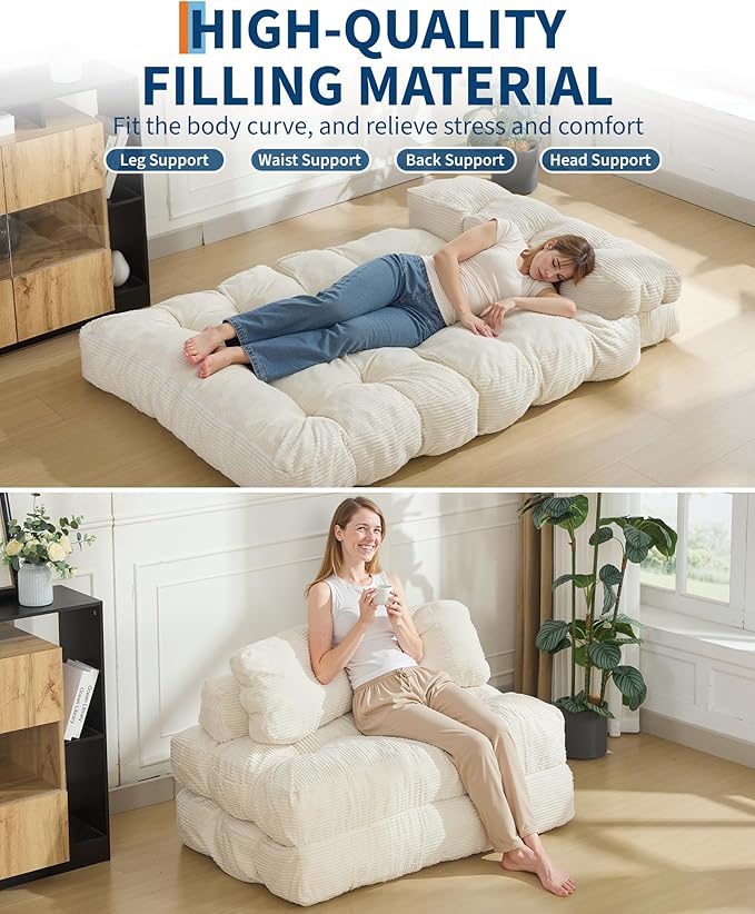 Garvee Folding Sofa Bed, Convertible Sleeper Chair with Pillow Foldable Mattress with Back Support, Boneless Fold Out Chair Bed Comfy Floor Sofa Lounge for Living Room, Bedroom, Beige, Full