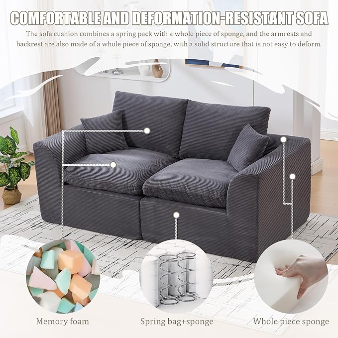 80.3" Cloud Loveseat Boneless Sofas for Living Room, 2 Seaters Modular Foam Cloud Sofa Couches, 2 Seat Compression Foam Couch with Toss Pillows, No Assembly Required