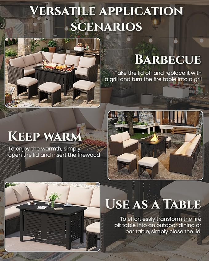 U-MAX 7 Pieces Patio Furniture Set with 43" Fire Pit Table, Outdoor Sectional Sofa Conversation Set, All Weather Wicker Rattan Dining Table & Chair with Ottoman, Brown Rattan&Khaki Cushion
