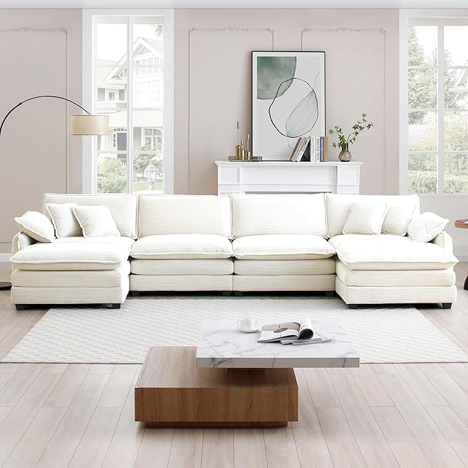 KEIKI 150" U-Shaped Oversized Corduroy Modular Sectional Sofa with 2 Ottoman, High-Density Foam Cushions, Removable Armrests, Upholstered 4-Seater Corner Couch with 6 Pillow, for Living Room, Beige