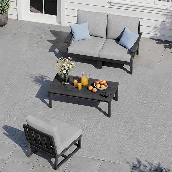HDPE Patio Conversation Set, 4-Piece All Weather Outdoor Furniture Set with 3-Seater Modular Sofa for Deck, Lawn, with Cushion, Black