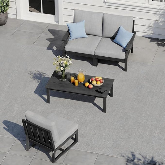 HDPE Patio Conversation Set, 4-Piece All Weather Outdoor Furniture Set with 3-Seater Modular Sofa for Deck, Lawn, with Cushion, Black