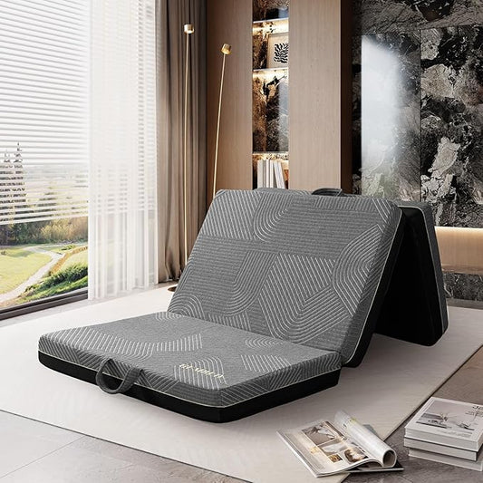 GEMBED Tri Folding Mattress Queen Size - Memory Foam Tri-fold Mattres, Handle & Non-Slip Bottom, Portable Foldable Sofa Bed Floor Chair for Travel RV Camping Guest Yoga - 4 Inch, 78"x58"x4"