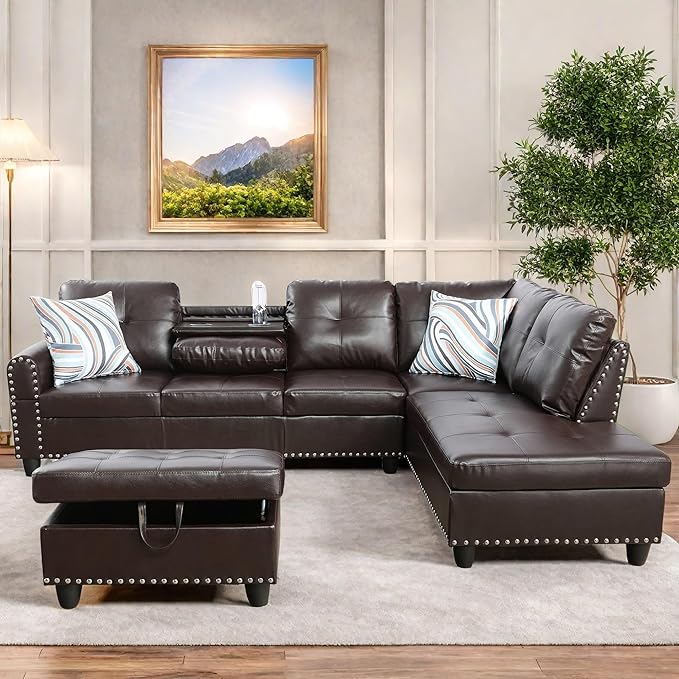 FONTOI Leather Sectional Couch with Otttoman, 97" L Shaped Couch Sectional Sofa for Living Room, Modern Modular Couches with Cup Holders for Bedroom, Apartments, Brown