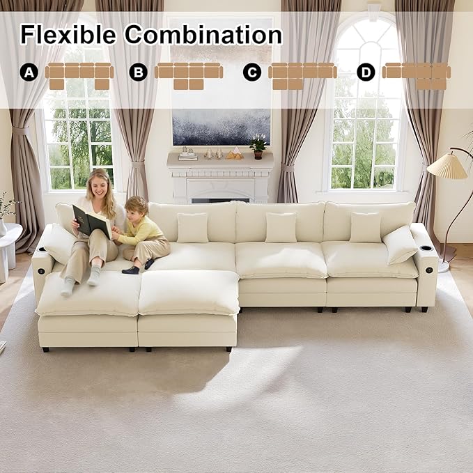 152" Modular Sectional Sofa, U Shaped Cloud Couch with Movable Ottoman, Chenille Deep Seat Cloud Sofa with Charging Station, Cup Holder, Side Pocket, Sectional Couches for Living Room, Beige