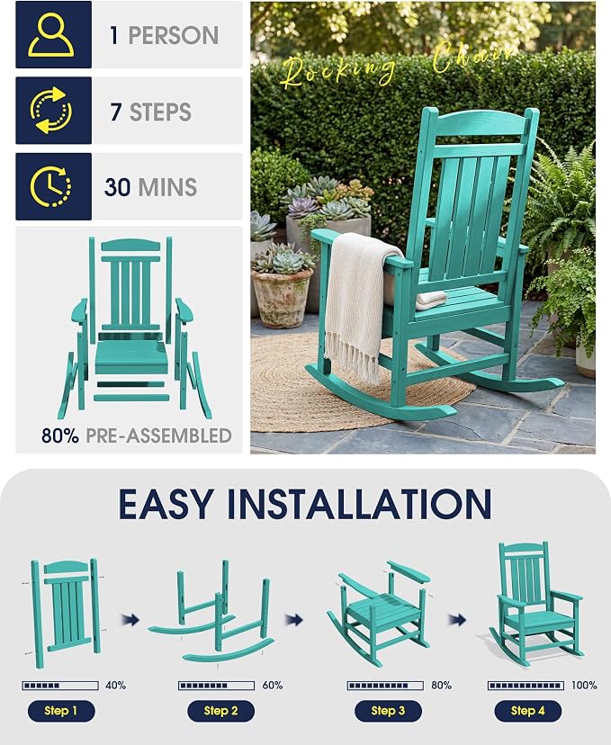 KINGYES Oversized HDPE Outdoor Rocking Chair Set of 4, All-Weather Poly Patio Rocking Chairs with 330lbs Support for Adults, Aruba Blue - Image 7