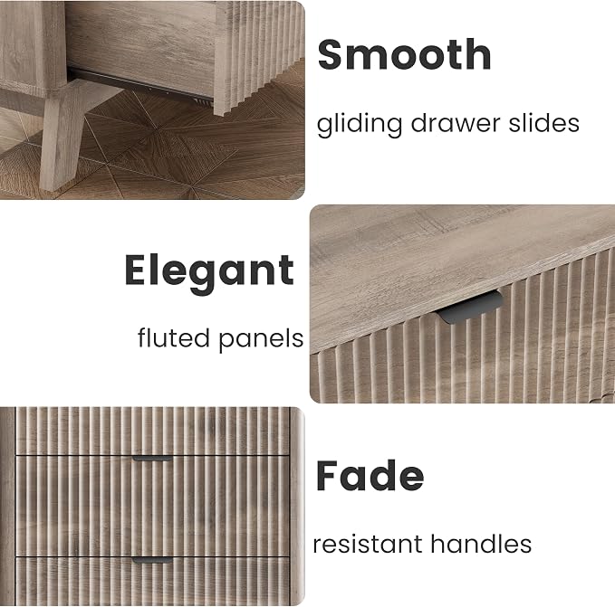 Wodeer Night Stand with 3 Drawers, Mid Century Modern Wood Bedroom Nightstand, Bedside Table & End Table with Metal Handles, Farmhouse Nightstand for Bedroom, Grey - Image 7