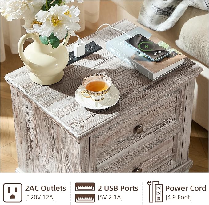 SAVOR LIFE Farmhouse Nightstand Set of 2 for Bedroom, Mid-Century Low Nightstands with 2 Drawers & Charging Station, Vintage Night Stands with 4 Square Solid Wood Legs, Small Dresser for Home, Grey - Image 5