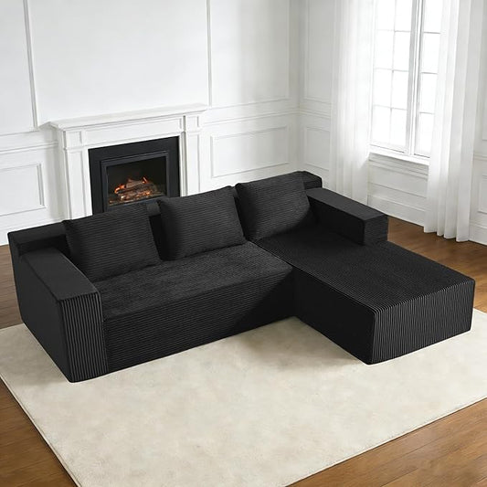 103" Cloud Sectional Sofa, Boneless L-Shape Couch with Chaise, Modern Minimalist Modular Couch for Living Room, Free Combination, Deep Seat, No Assembly Required, Premium Corduroy, Black, R