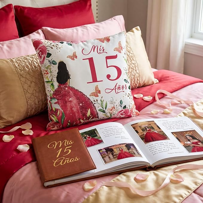 Kathfly Cojines para 15 Años De Quinceañera Decoration 16 x 16 Inche Red Quinceañera Pillow Gifts Mis Xv Años Throw Pillow Sweet for Daughter Sister Friend 15th Birthday Gifts