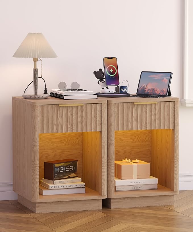 Akxomel Fluted Nightstands Set of 2, Wooden Night Stand with Charging Station and LED Light, Modern Mid Century Bed Side End Table with Drawer, 15" D x 15.7" W x 22.6" H, for Bedroom, Natural Oak - Image 2