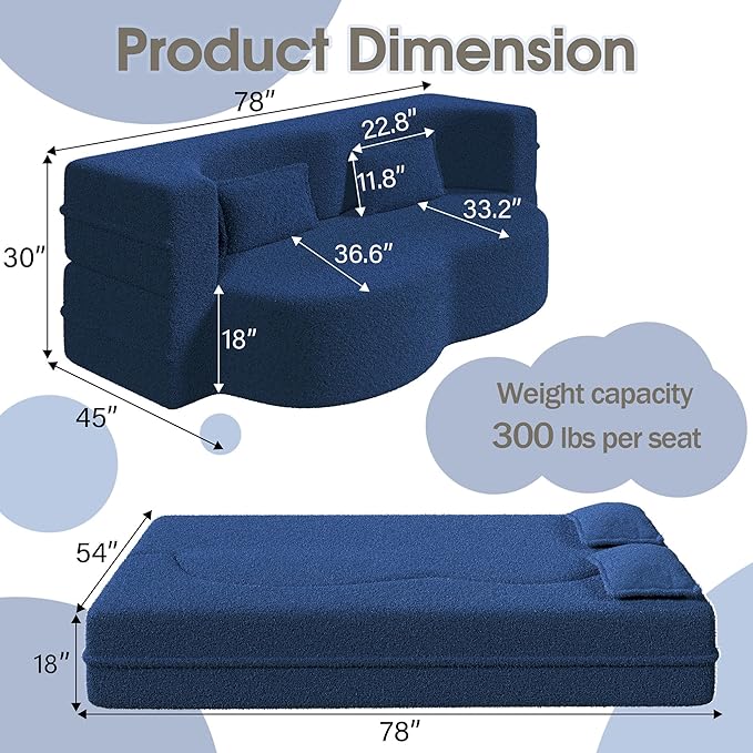 78" Convertible Sofa Bed, 2-in-1 Folding Floor Couch with 2 Pillows, Sleeper Sofa for Living Room and Bedroom, No Assembly Required (Blue, Teddy Fabric)