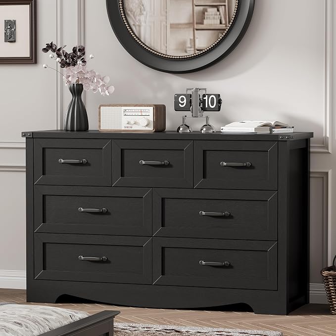 Dresser for Bedroom with 7 Drawers, 48" Wide Modern Chest of Drawers with Deep Drawers & Mental Handle, Wood Dresser TV Stand, Wooden Closet Storage Organizer for Living Room, Hallway, Entryway, Black by Xixini