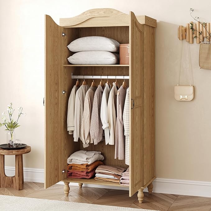 Arched Armoire Wardrobe Closet with 2 Doors, 71" H Wooden Wardrobe Cabinet with Hanging Rod and Shelves, Freestanding Armoire Storage Cabinet for Bedroom, Cloak Room, Natural