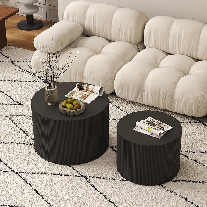 Round Coffee Table Set of 2, Modern Wooden Black Nesting Tables for Living Room, No Assembly Required Circle Side Tables Set Accent End Table for Bedroom, Balcony