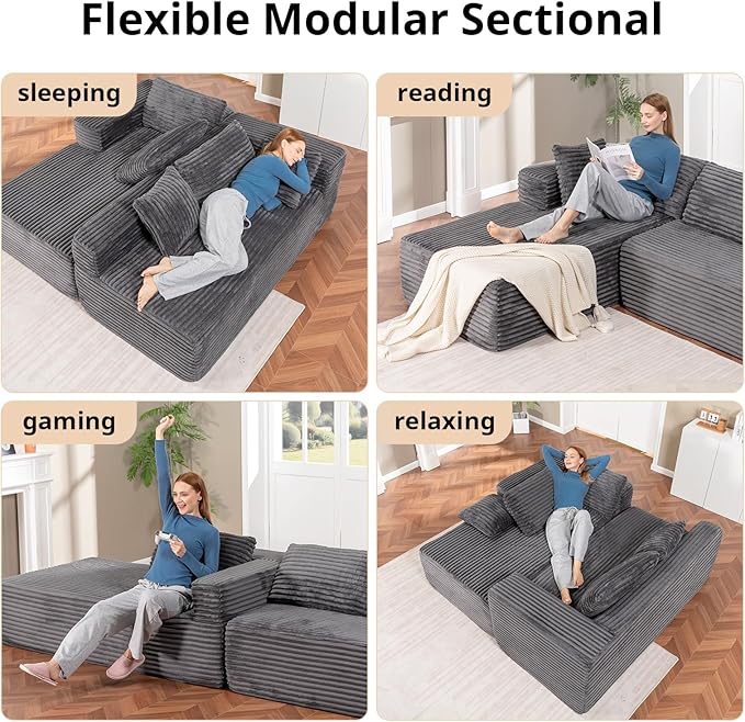 LUCKLIFE 108" Modular Sectional Couch with L-Shape Chaise,Corduroy Upholstery Boneless Couches for Living Room,Oversized Sleeper Sofa,No Assembly Required (Grey, L Shape with Left Facing Chaise)